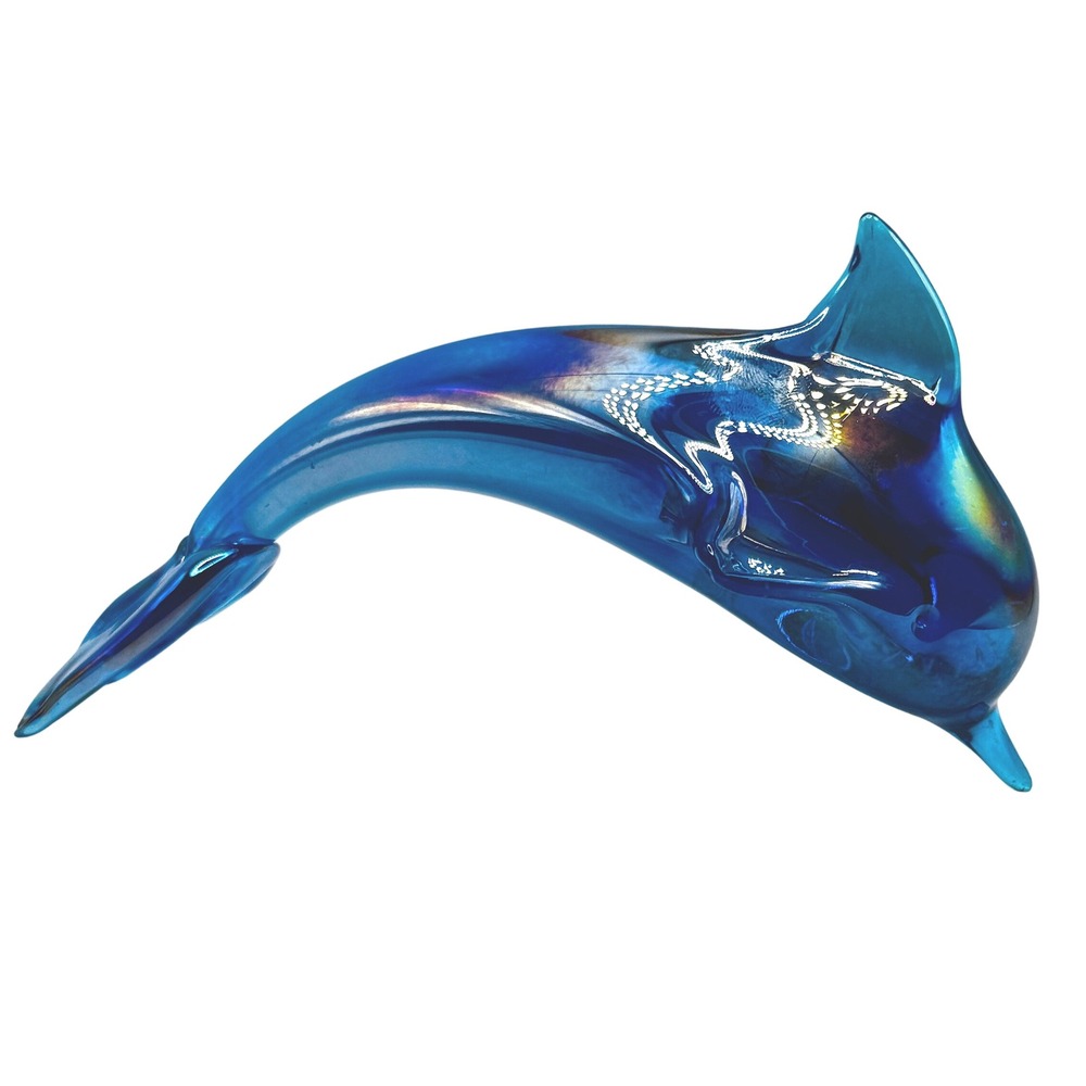 Blue Iridescent Art Glass Dolphin Figurine 6" Nautical Beach Coastal Decor Vtg.